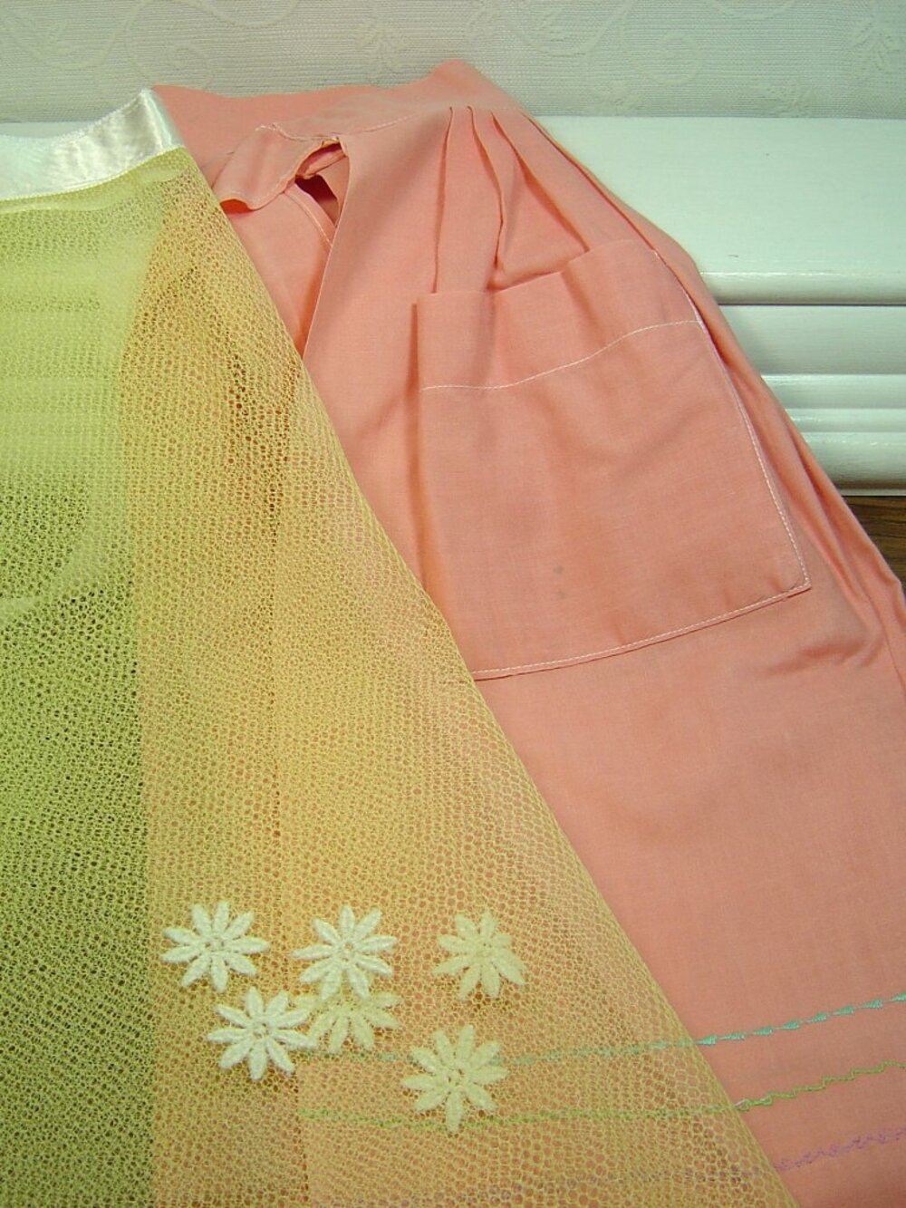 2 handmade half aprons-one yellow tulle & one peach cotton